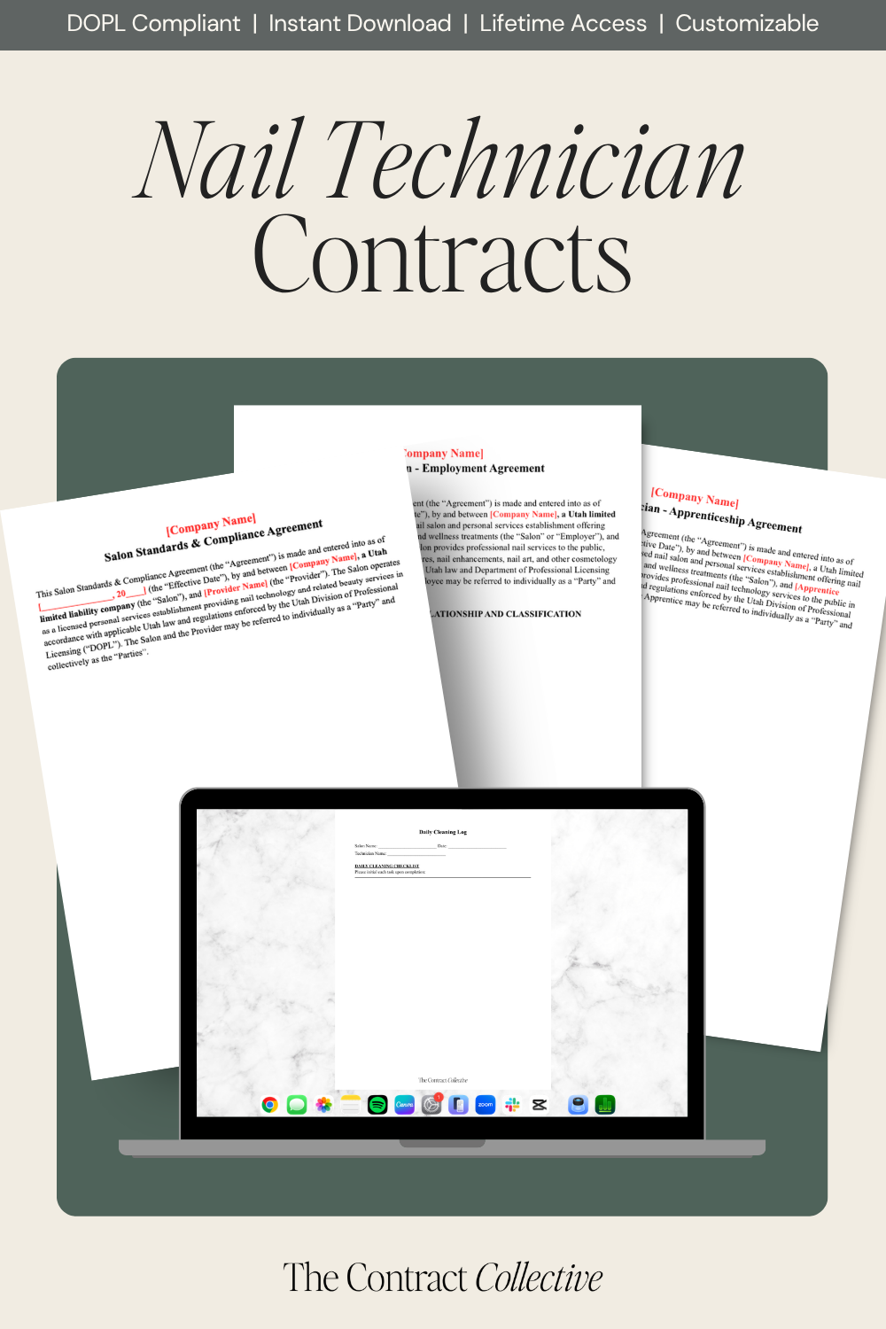 Nail Technician contracts with examples of contacts and a laptop open to a contract