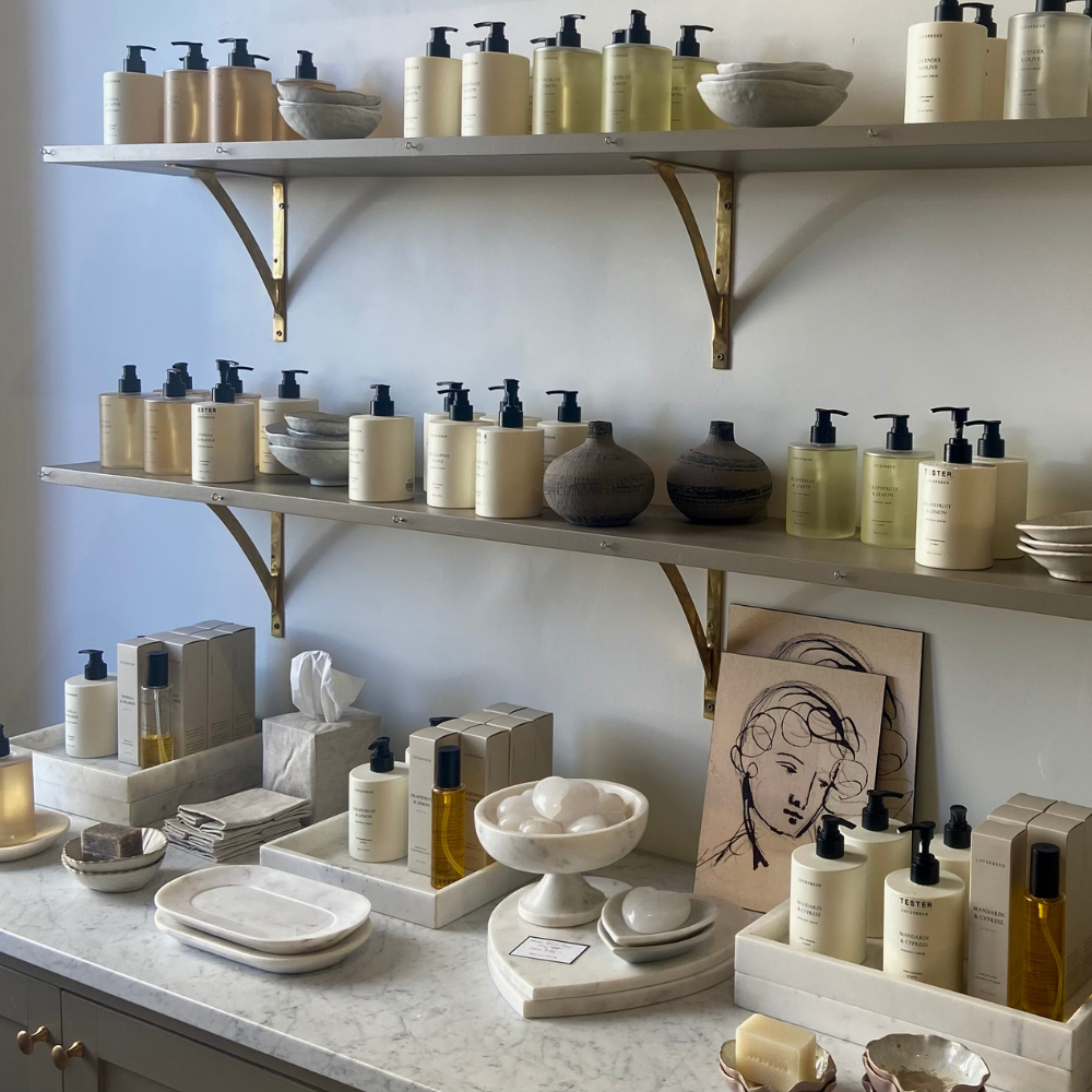 Shelves with various skincare products in a store setting