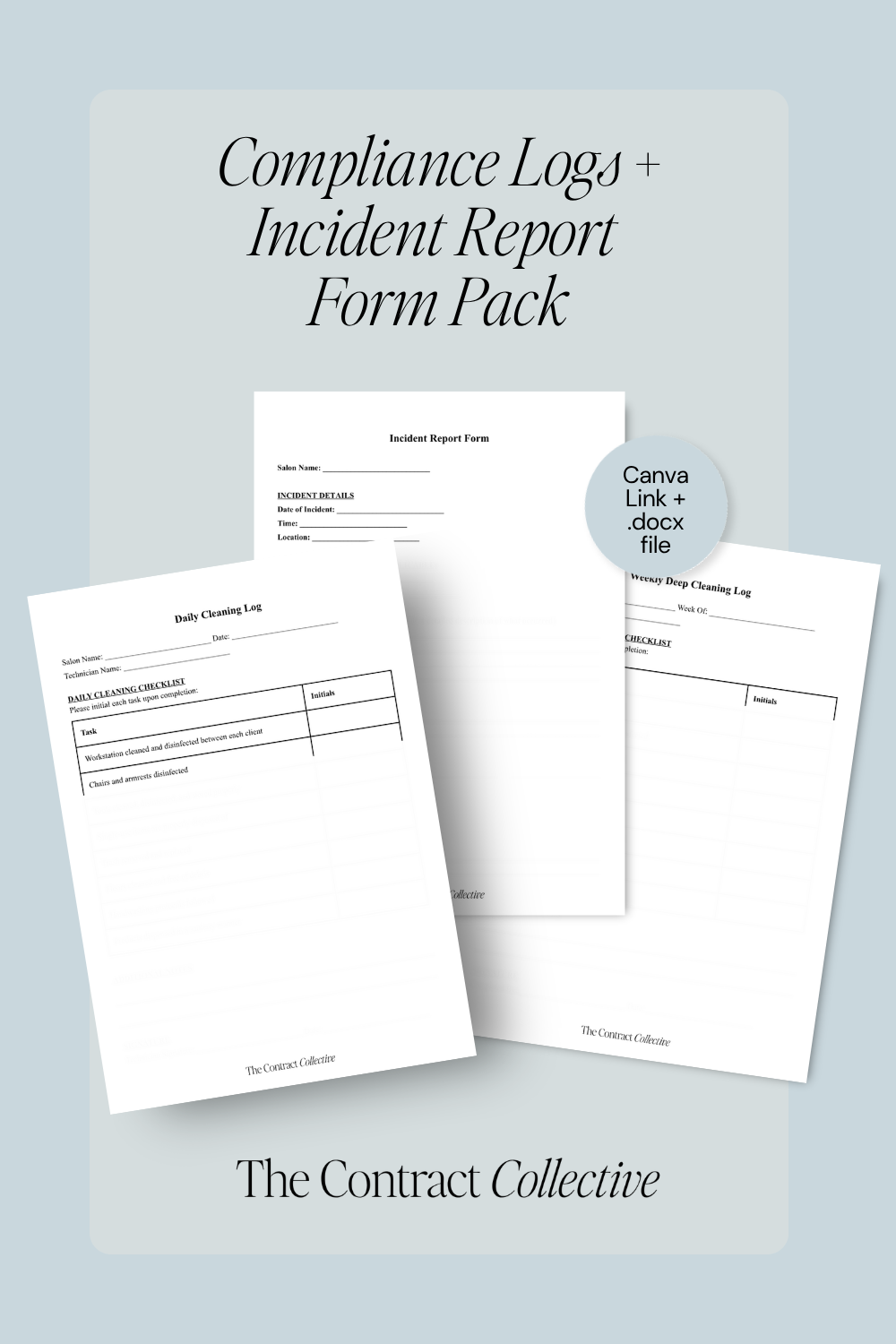 Collection of compliance logs and incident report forms with 'The Contract Collective' branding on a light blue background.