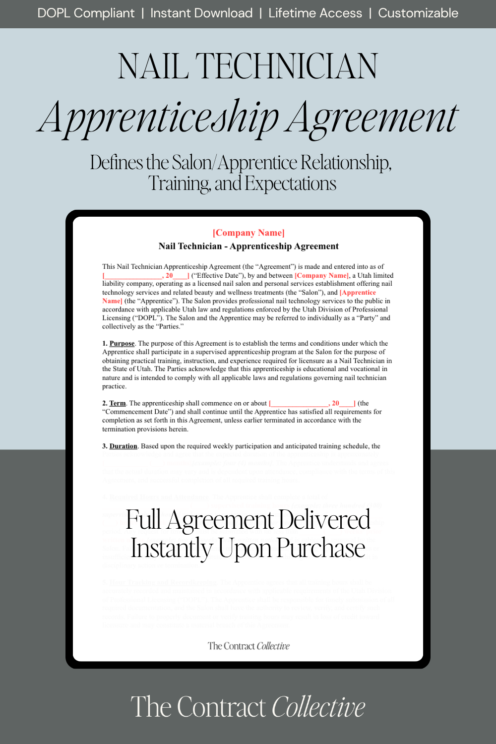 Nail Technician Apprenticeship Agreement document on a gray background