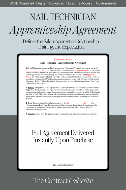 Nail Technician Apprenticeship Agreement document on a gray background
