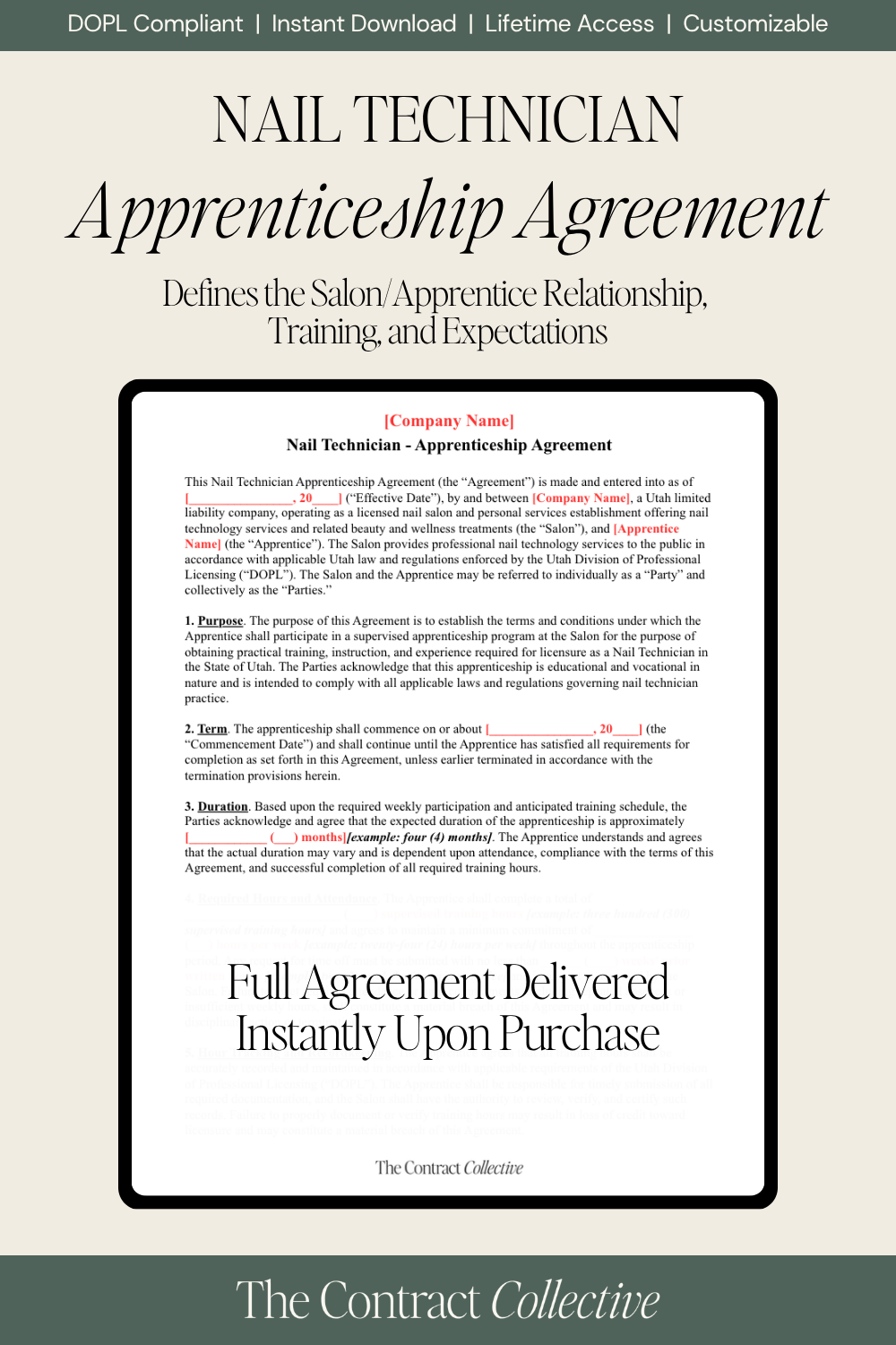 Digital preview of a Nail Technician Apprenticeship Agreement document from The Contract Collective, featuring a sample agreement inside a white document frame on a dark green background with a light beige header.