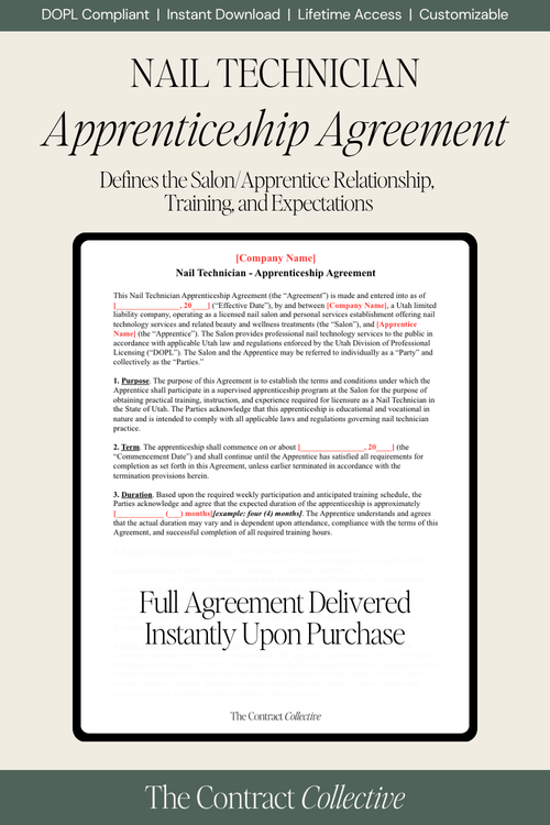 Digital preview of a Nail Technician Apprenticeship Agreement document from The Contract Collective, featuring a sample agreement inside a white document frame on a dark green background with a light beige header.