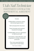 A digital preview of a 'Utah Nail Technician' independent contractor and booth rental agreement template, displayed on a tablet screen mockup against a light beige background.