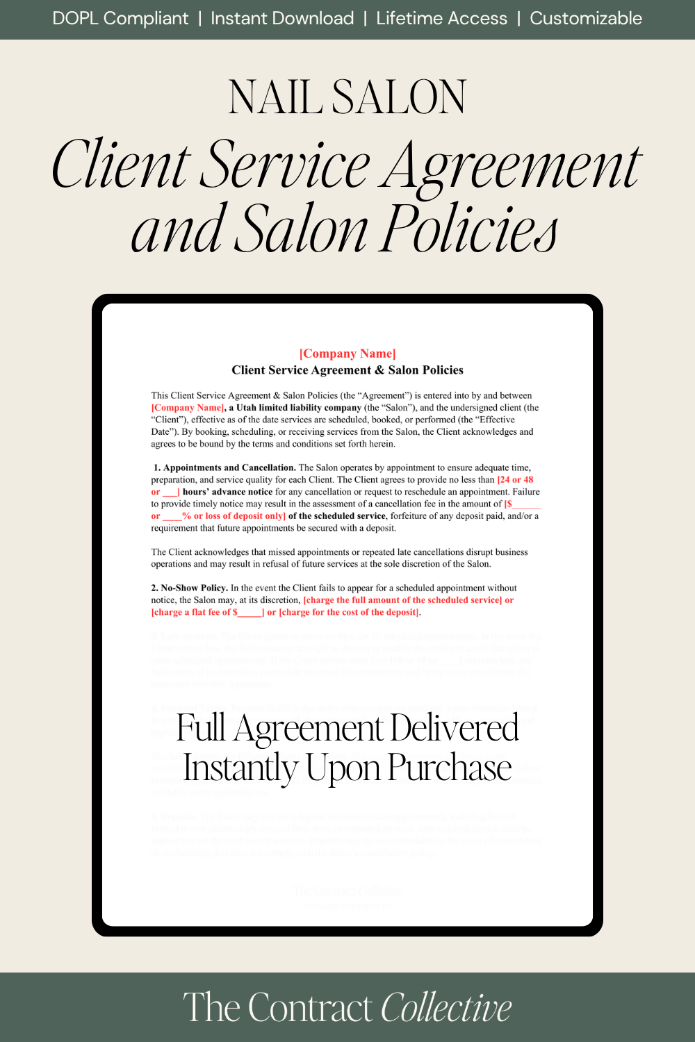 Nail salon client service agreement and salon policies preview on beige and green background