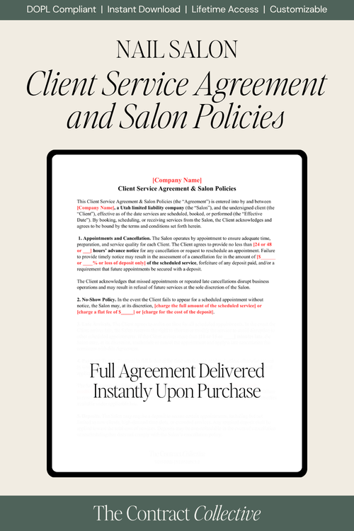 Nail salon client service agreement and salon policies preview on beige and green background