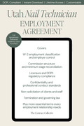 Digital template preview of a Utah Nail Technician Employment Agreement displayed on a tablet screen mockup, with text detailing covered employment classification, commission structure, licensing compliance, and other essential terms. The brand 'The Contract Collective' is visible at the bottom of the screen.