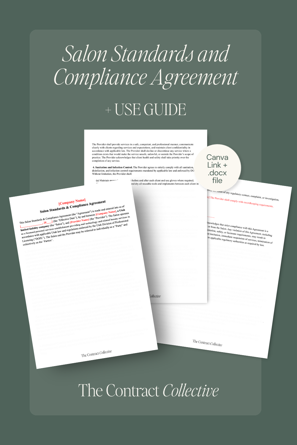 Digital cover graphic for a 'Salon Standards and Compliance Agreement + Use Guide' by The Contract Collective, showing three overlapping document pages on a muted green background with a 'Canva Link + deck file' badge.