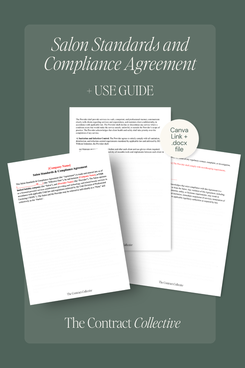 Digital cover graphic for a 'Salon Standards and Compliance Agreement + Use Guide' by The Contract Collective, showing three overlapping document pages on a muted green background with a 'Canva Link + deck file' badge.