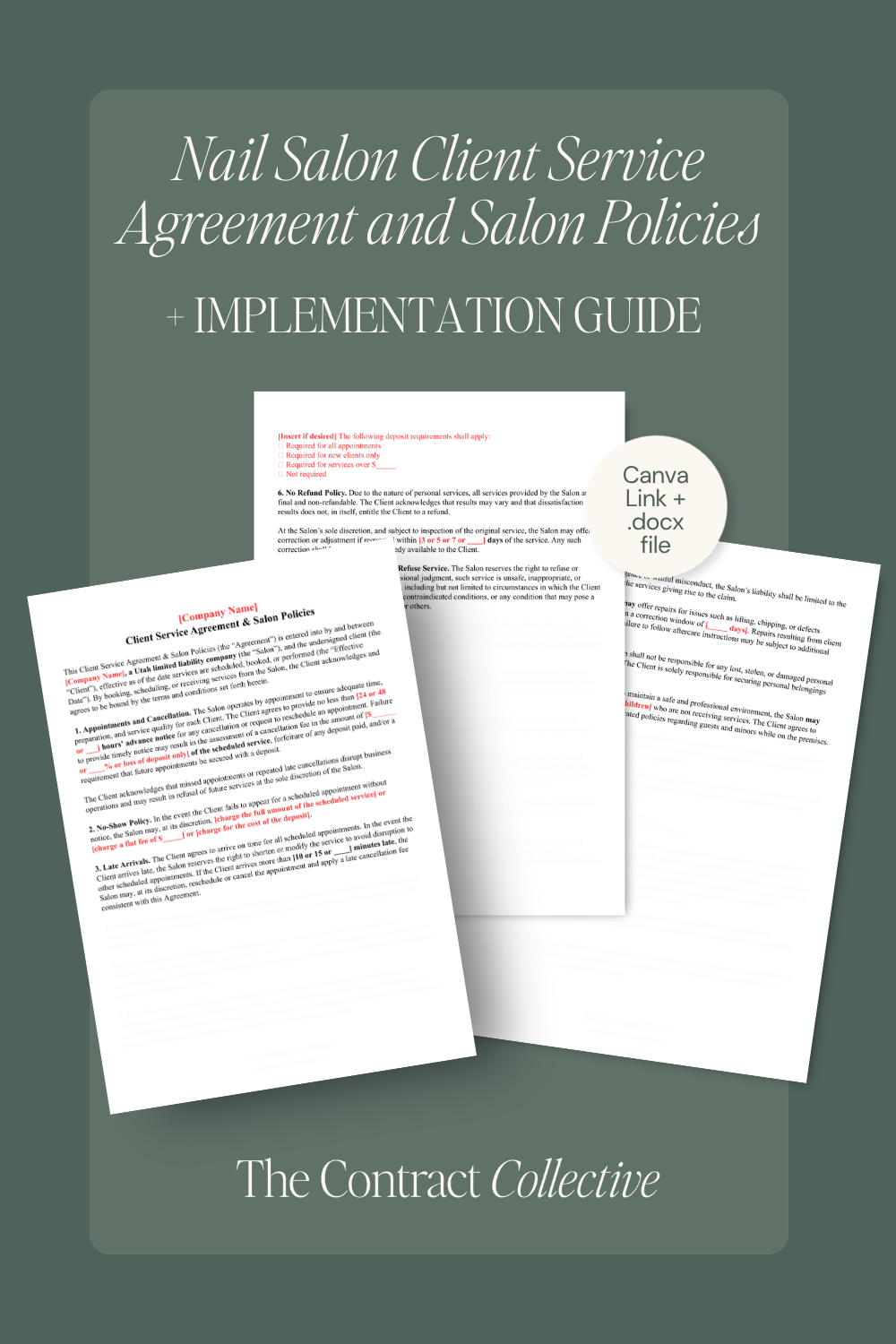 Preview of the pages inside the nail salon client service agreement and salon policies. On a dark green background