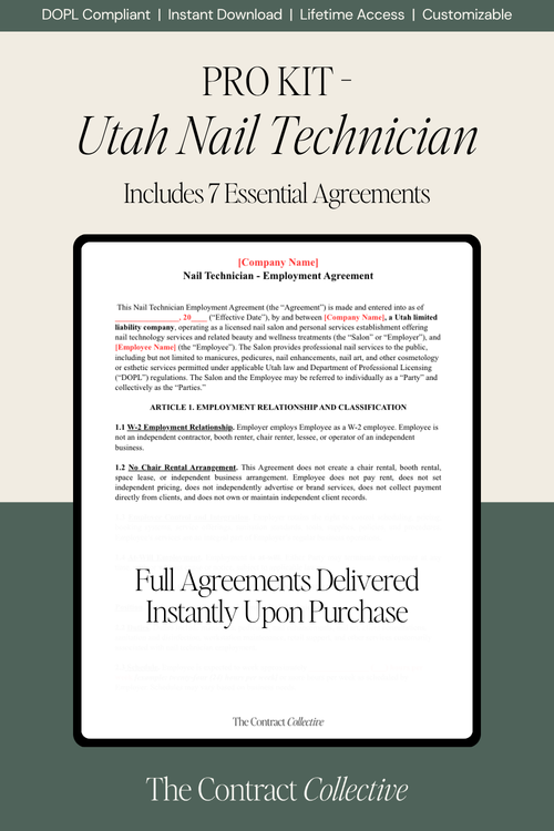 Promotional image for Utah Nail Technician Pro Kit with text about agreements and instant download.