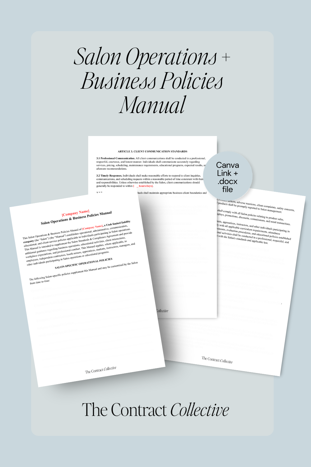 Salon Operations + Business Policies Manual by The Contract Collective on a light blue background