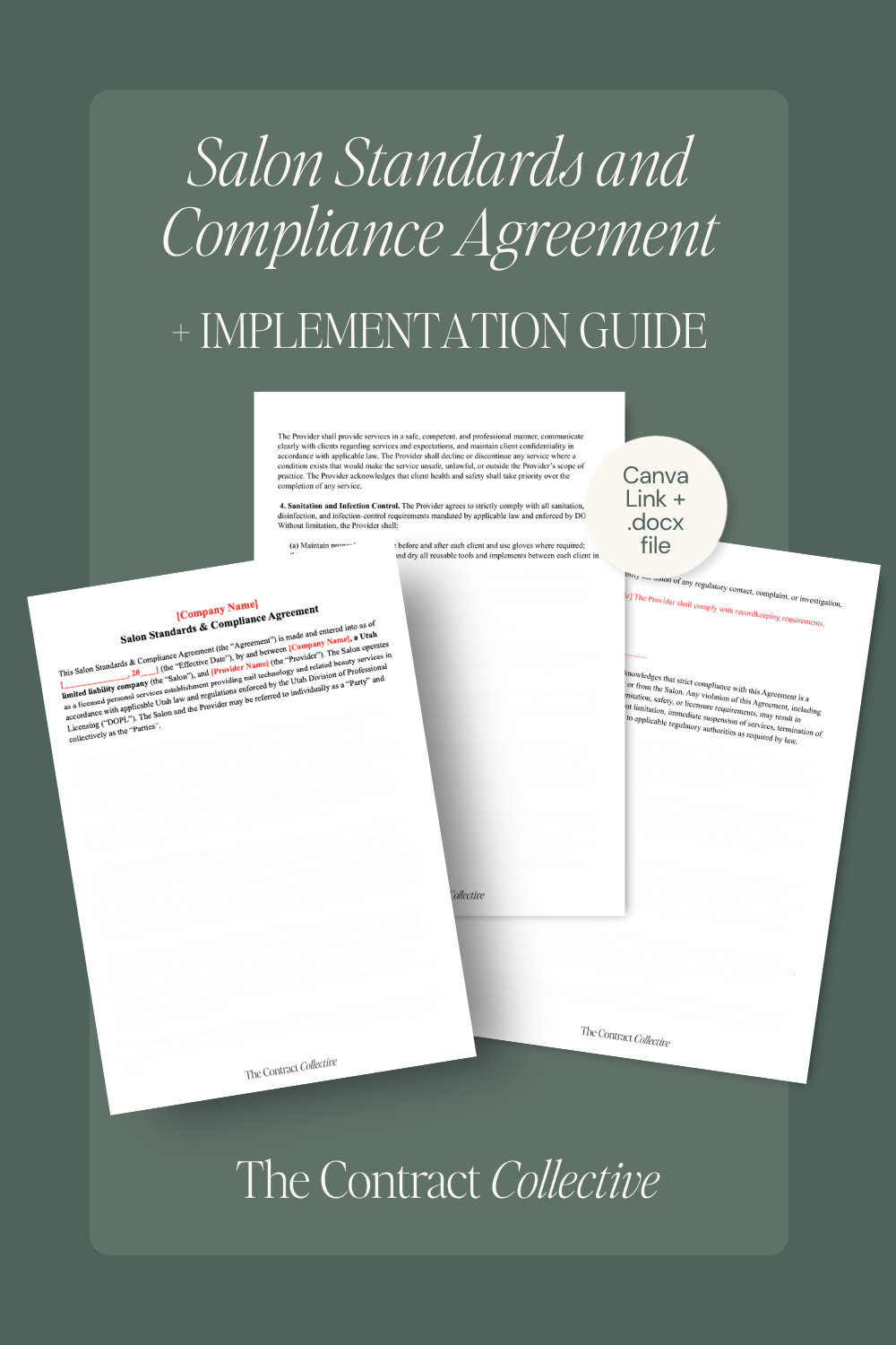 Digital cover graphic for a 'Salon Standards and Compliance Agreement + Implementation Guide' by The Contract Collective. The design features a dark sage green background with three overlapping white document pages displaying sample text, a circular badge indicating 'Canva Link + deck file', and the title text in white.