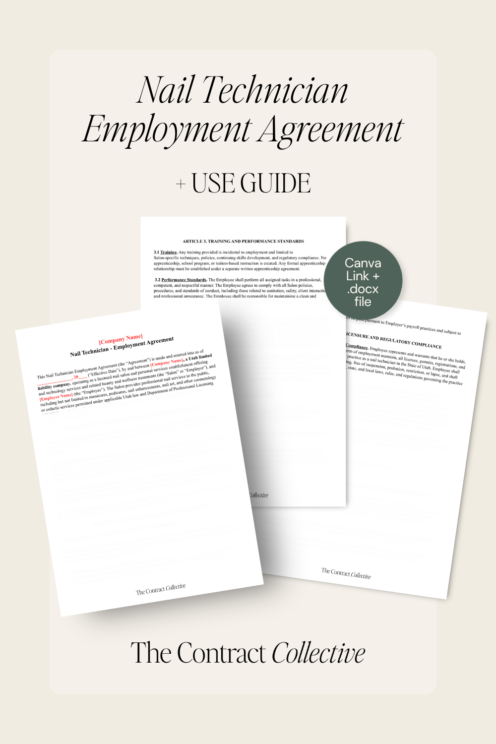 Digital preview of a nail technician employment agreement and use guide template set, featuring three overlapping document pages on a light beige background with the text 'Nail Technician Employment Agreement + USE GUIDE' and 'The Contract Collective'.