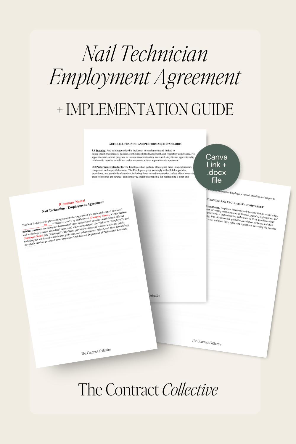 Digital preview of a Nail Technician Employment Agreement and Implementation Guide template by The Contract Collective, showing three document pages on a light beige background with a green 'Canva Link + deck file' badge.