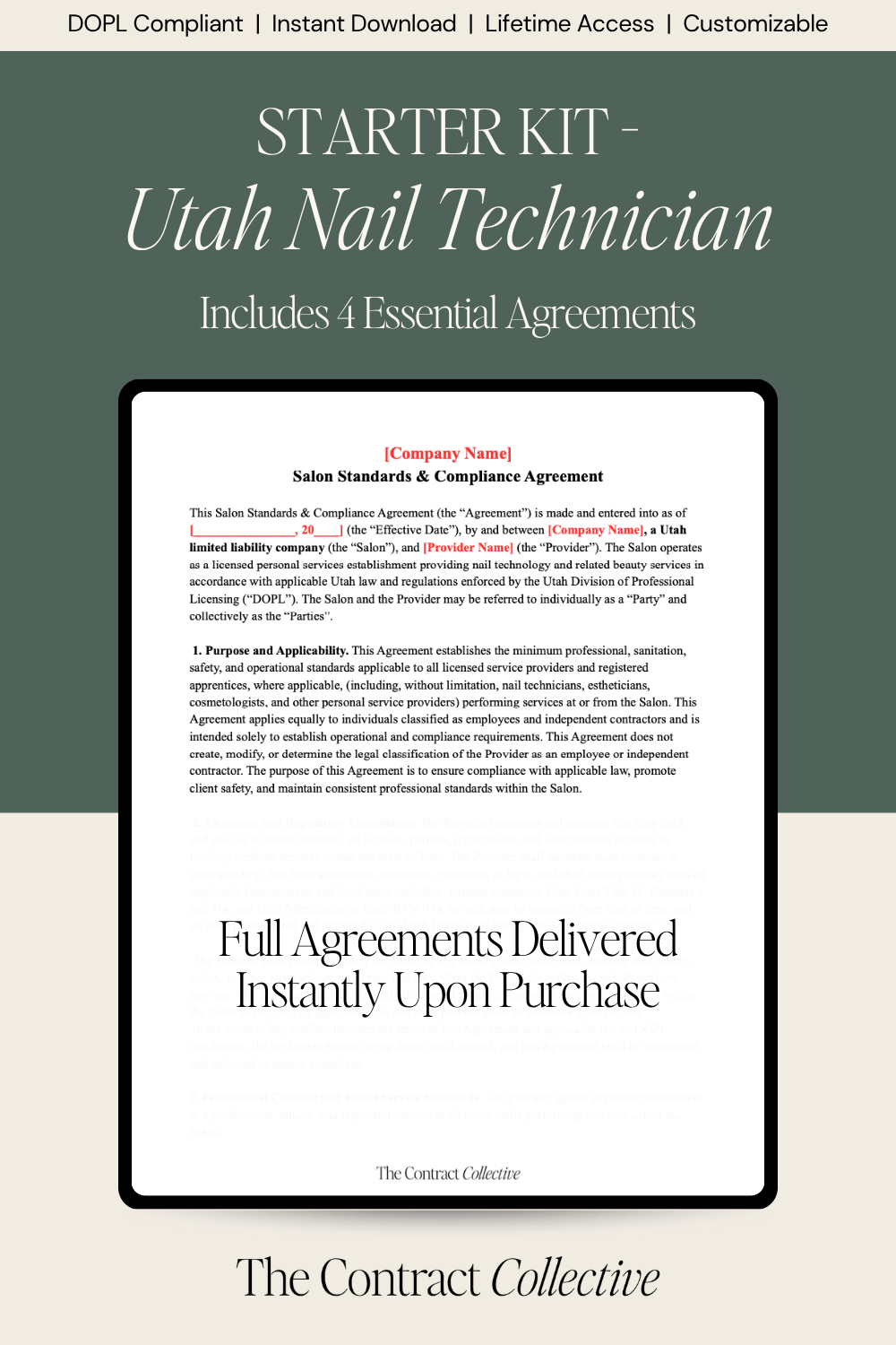 Starter kit for Utah nail technicians with agreements on a digital screen.