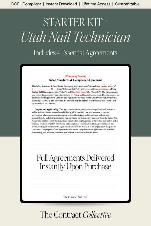 Starter kit for Utah nail technicians with agreements on a digital screen.