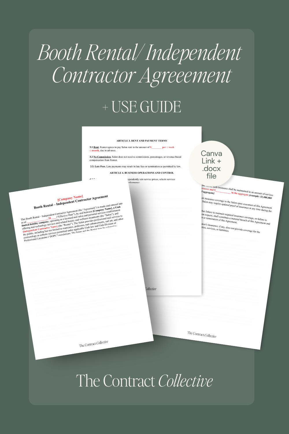 Promotional graphic for a digital document product, showing three overlapping white document pages with text for a 'Booth Rental/Independent Contractor Agreement + Use Guide' and the brand name 'The Contract Collective' on a muted green background.