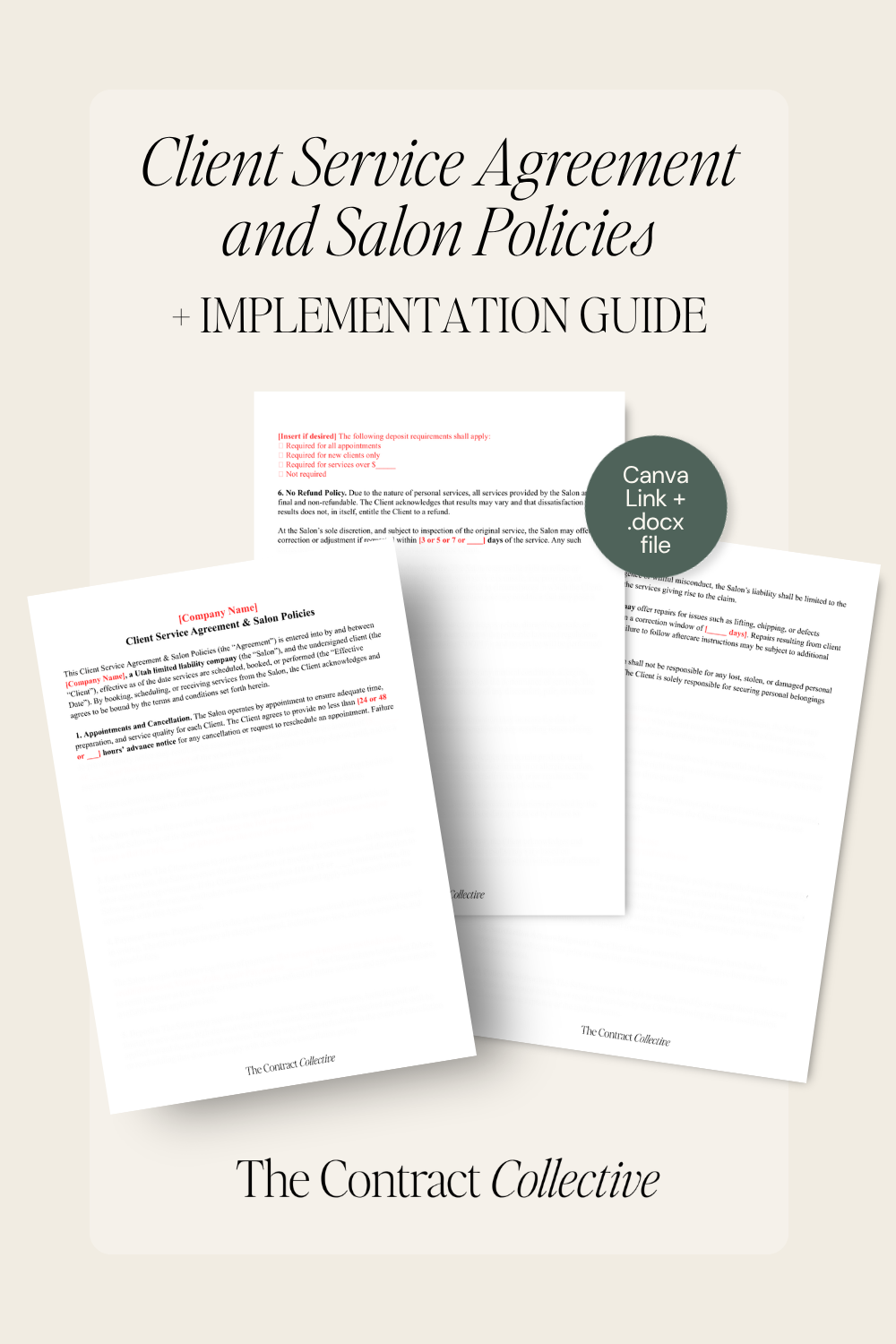 Promotional graphic for a digital template product titled 'Client Service Agreement and Salon Policies + Implementation Guide' by The Contract Collective. The design shows three overlapping white document pages with placeholder text and a dark green circular badge reading 'Canva Link + deck file'.