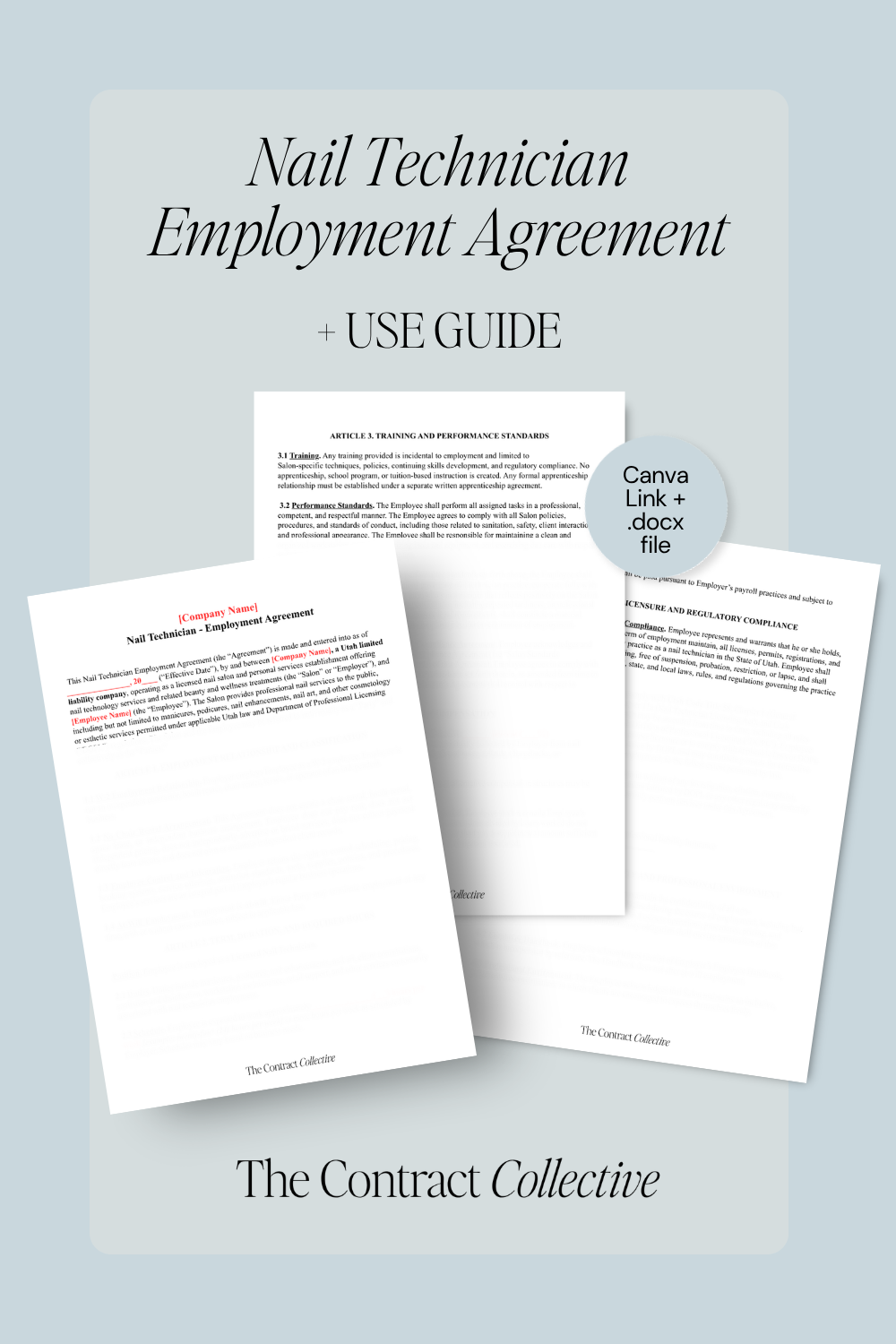Nail Technician Employment Agreement document with 'The Contract Collective' branding on a light blue background.
