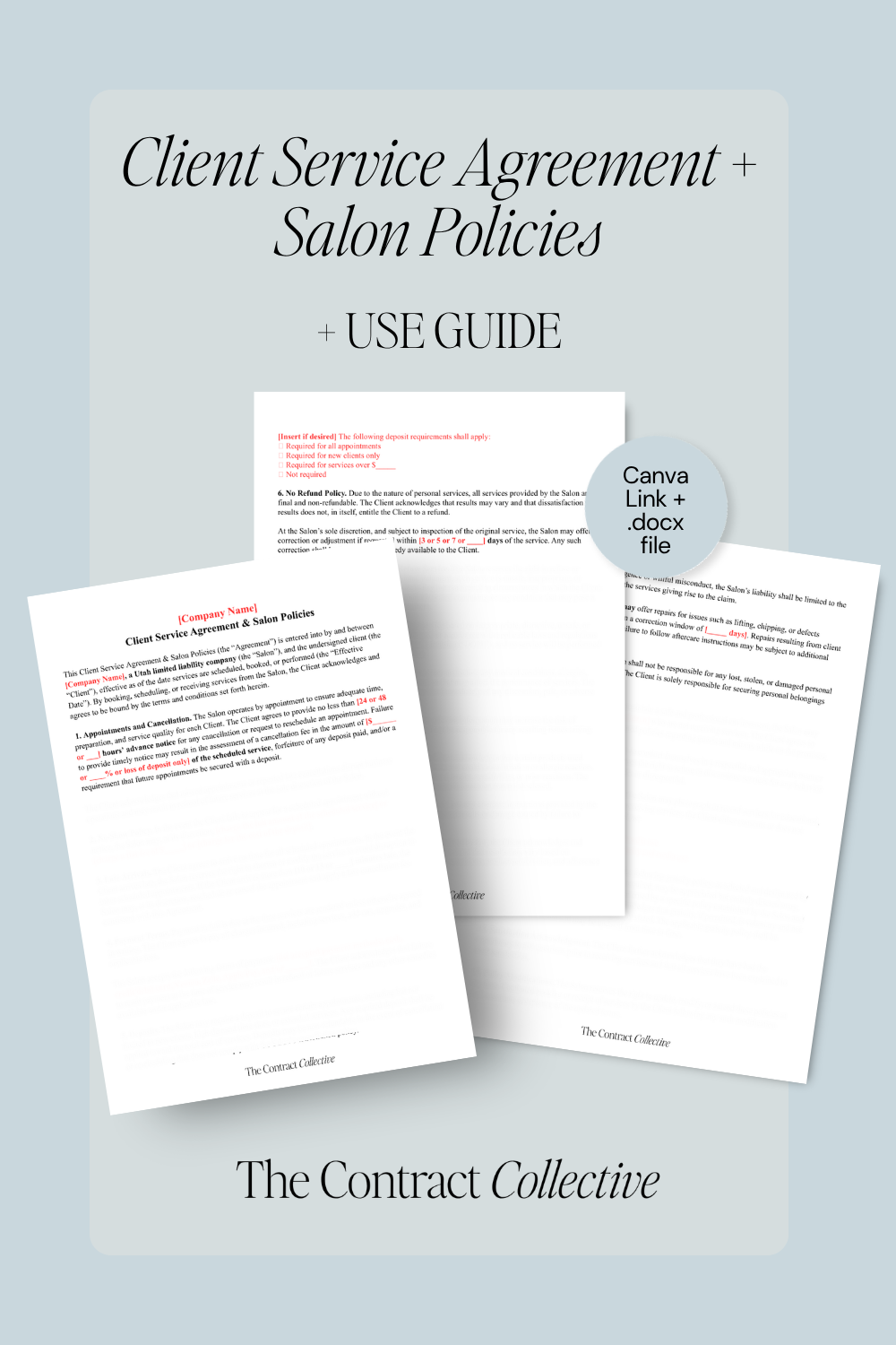 Documents titled 'Client Service Agreement + Salon Policies' and 'USE GUIDE' from The Contract Collective on a light blue background.