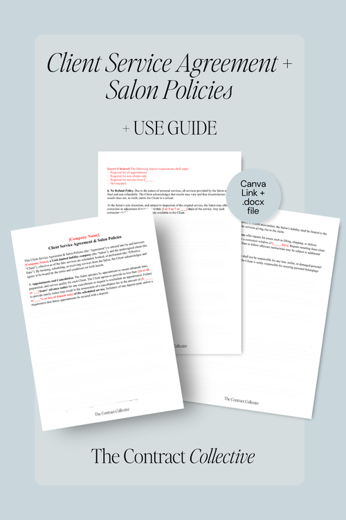 Documents titled 'Client Service Agreement + Salon Policies' and 'USE GUIDE' from The Contract Collective on a light blue background.