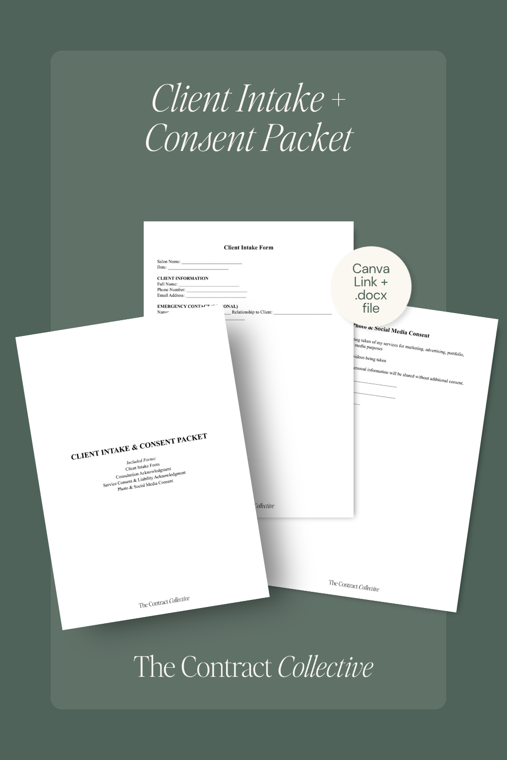 Client intake and acknowledgement forms with 'The Contract Collective' branding on a dark green background.