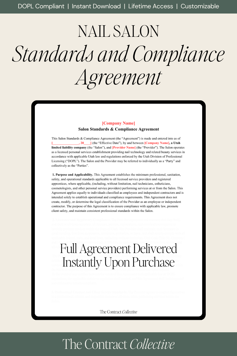 Digital preview of a 'Nail Salon Standards and Compliance Agreement' document template, featuring a clean beige background, black serif typography, and a central white document box with a black border.