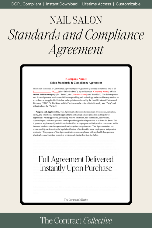 Digital preview of a 'Nail Salon Standards and Compliance Agreement' document template, featuring a clean beige background, black serif typography, and a central white document box with a black border.