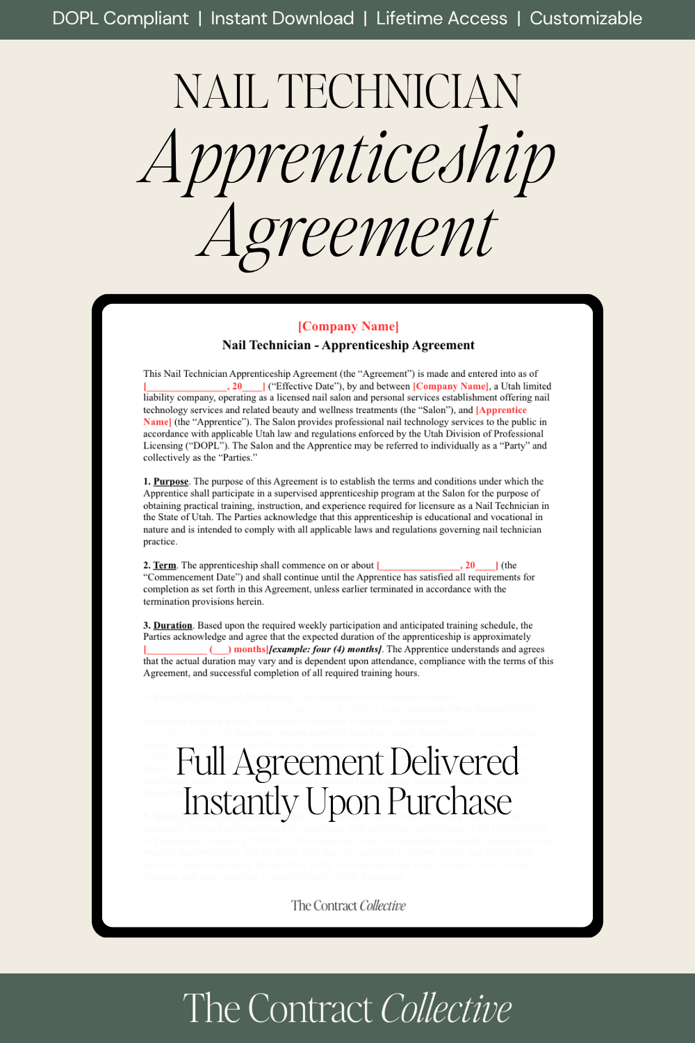 Digital preview of a Nail Technician Apprenticeship Agreement document from The Contract Collective, featuring a clean white page with black text and red clauses, set against a beige background with a dark green footer.