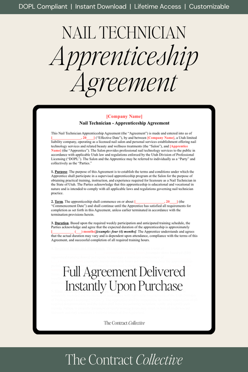 Digital preview of a Nail Technician Apprenticeship Agreement document from The Contract Collective, featuring a clean white page with black text and red clauses, set against a beige background with a dark green footer.