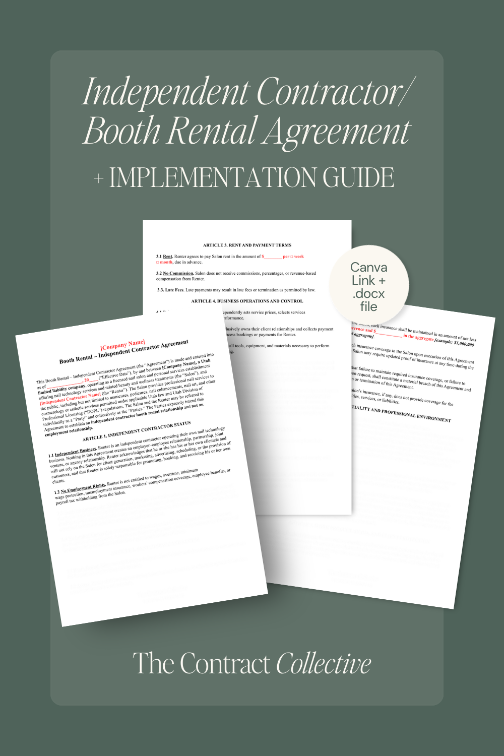 Digital cover graphic for an Independent Contractor/Booth Rental Agreement + Implementation Guide by The Contract Collective, showing three overlapping white document pages on a muted green background with a Canva Link + deck file badge.